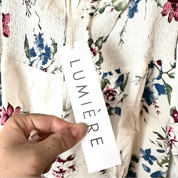 NWT Urban Outfitters White Floral Long Sleeve Smocked Waist Ruffle Hem Mini Dres - Picture 6 of 6